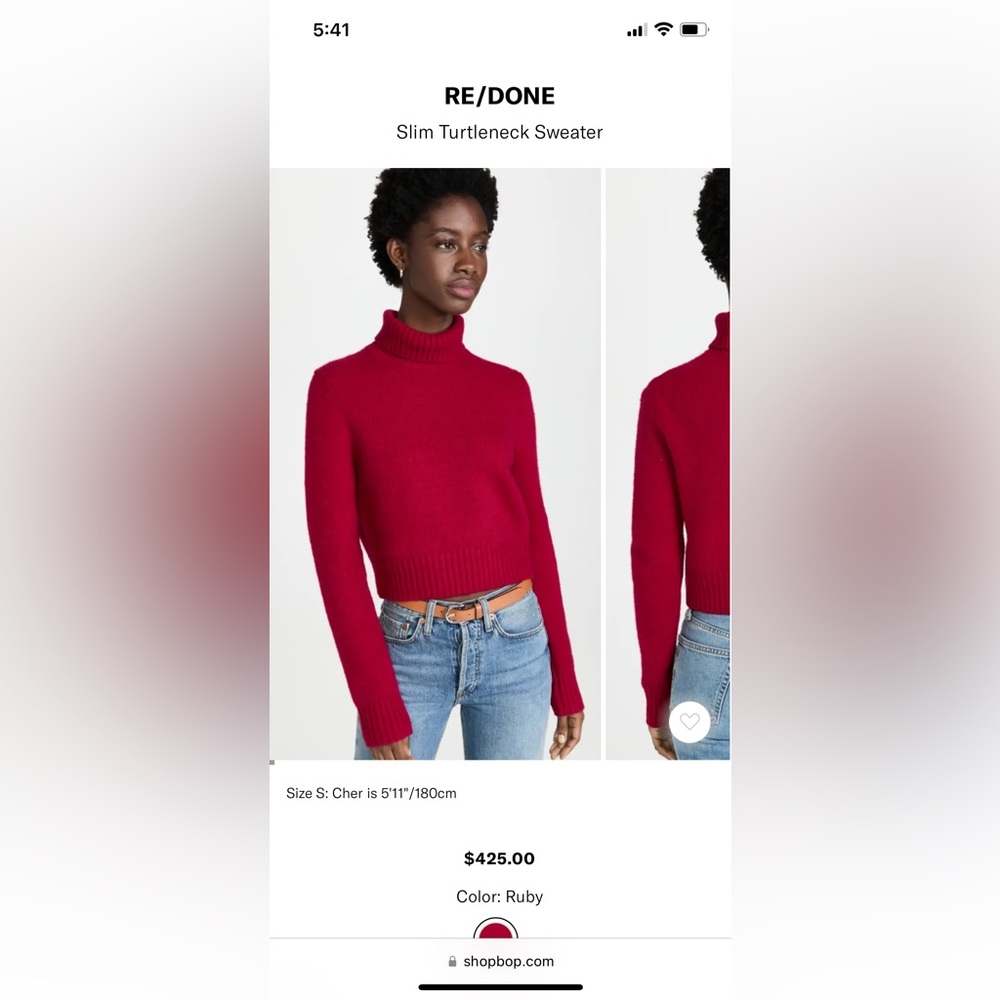 Re/Done Ruby Red Slim Turtleneck Sweater
